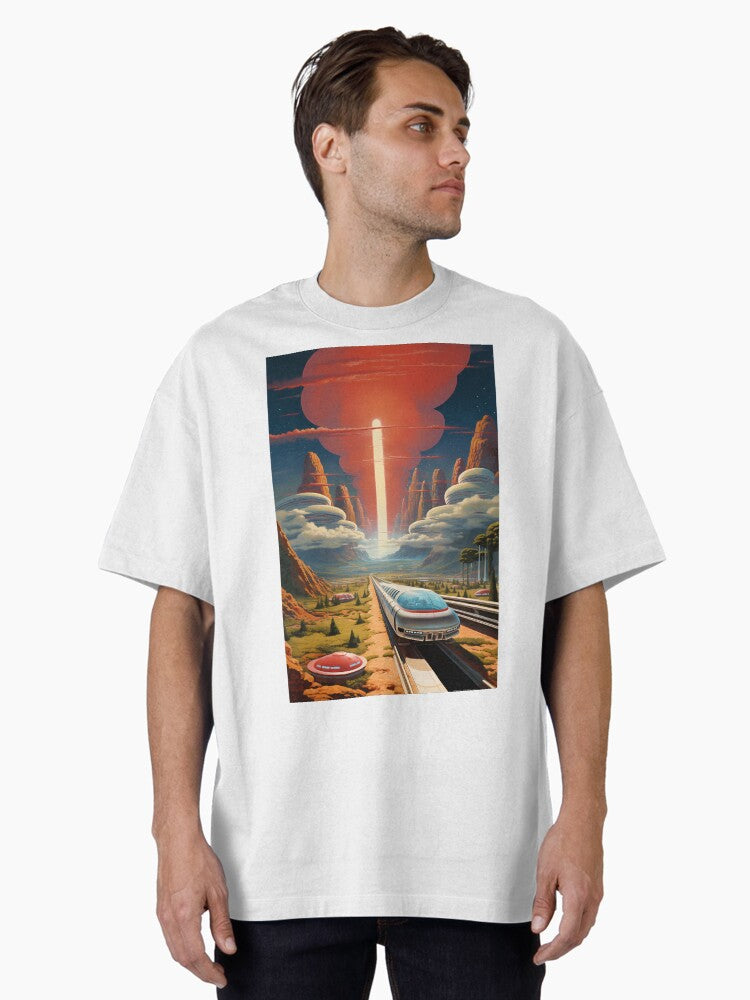 Retro futurism art sky train Oversized T-Shirt | Premium Unisex T-Shirt, Trending Graphic Tee