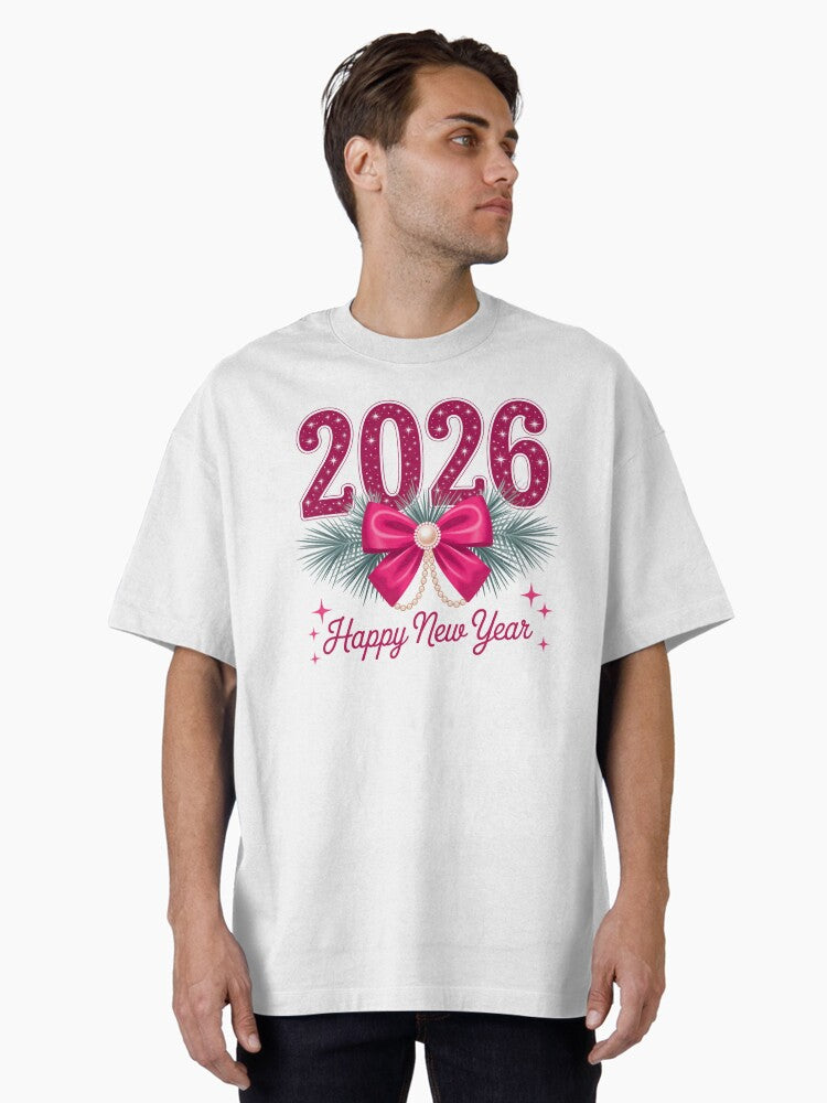 Elegant 2026 Happy New Year Bow Classic T Shirt Pink Pearl Holiday Sparkle Celebration Shirt Oversized T Shirt T Shirt