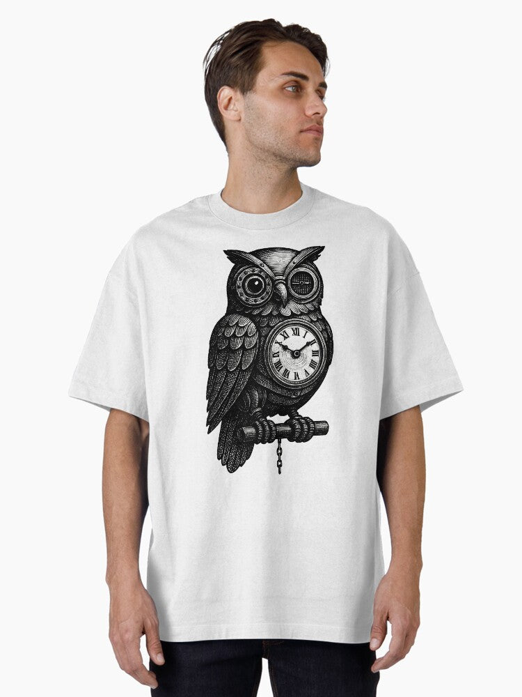 The Chronometric Owl Keeper of Time Steampunk Engraving Art Oversized T-Shirt | Premium Unisex T-Shirt, Trending Graphic Tee