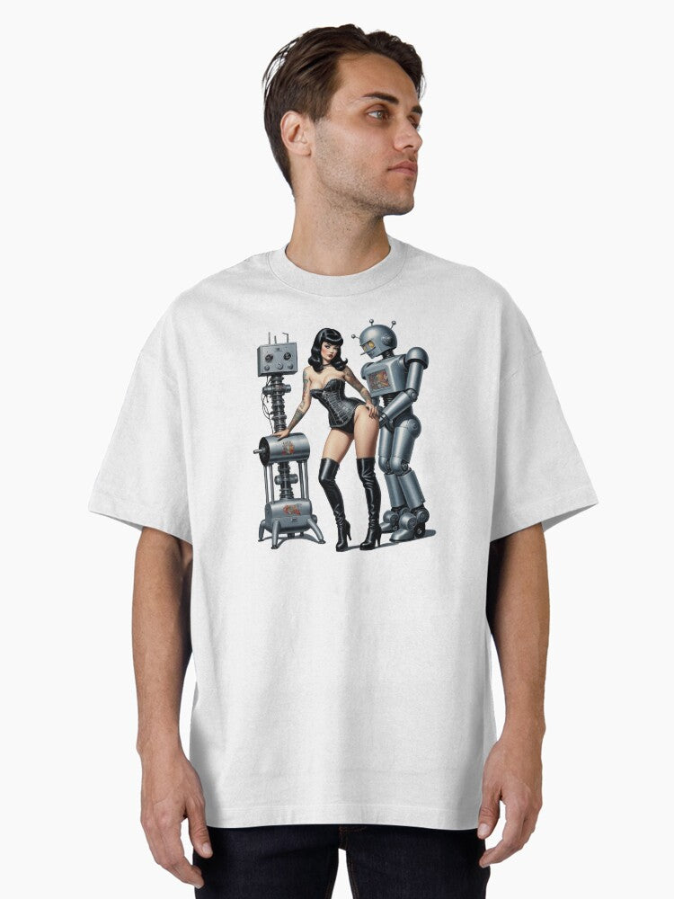 Betty Bangs Pinup Girl posing with Retro Robot Oversized T-Shirt | Premium Unisex T-Shirt, Trending Graphic Tee