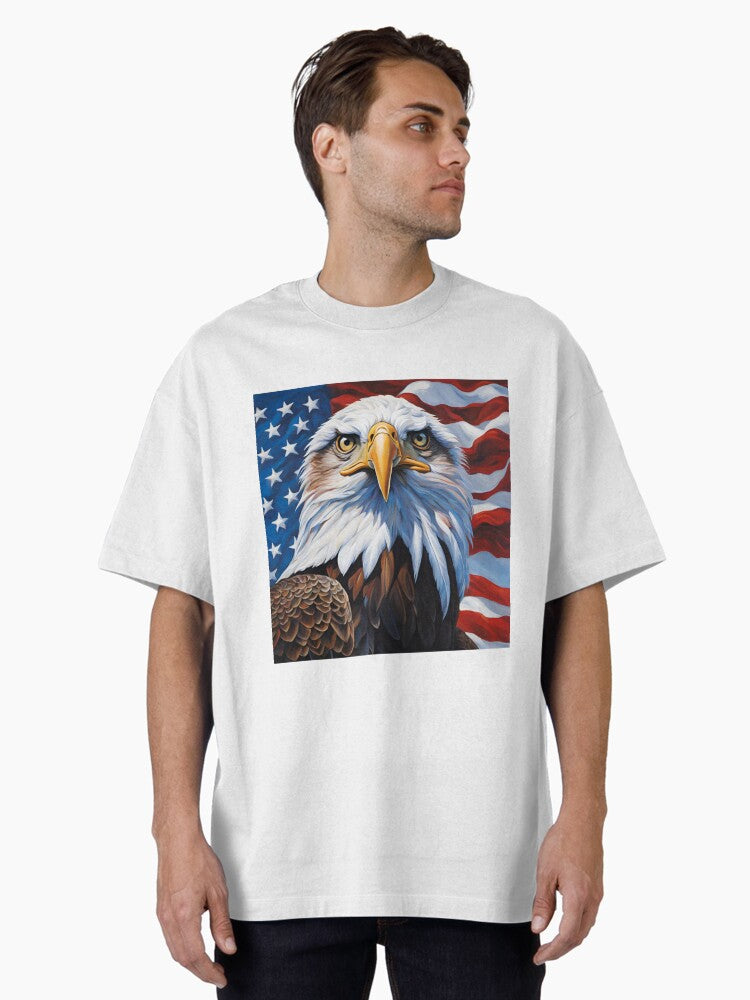 American bald eagle with the United States USA flag in the background Oversized Shirt T Shirt Gift Ready