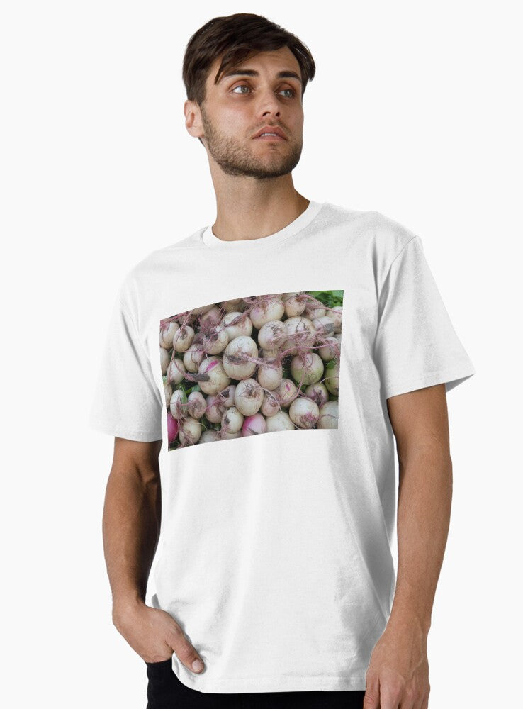farmers market display features a vibrant stack of fresh turnips soil kissed turnips and root vegetables Premium T Shirt T Shirt Minimal Style