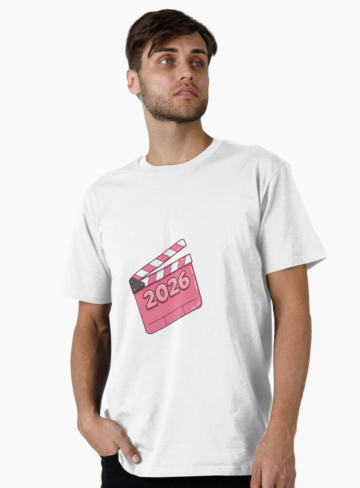 2026 Pink Bubble Writing on Clapper Board with Pink Stripes Premium T Shirt T Shirt Premium Print Daily Wear