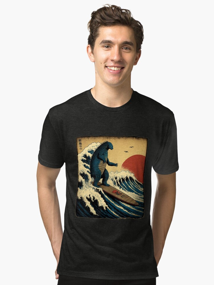 Godzilla Surfing The Great Wave by Hokusai Funny Parody Tri blend T Shirt T Shirt Viral TikTok Best Seller Look