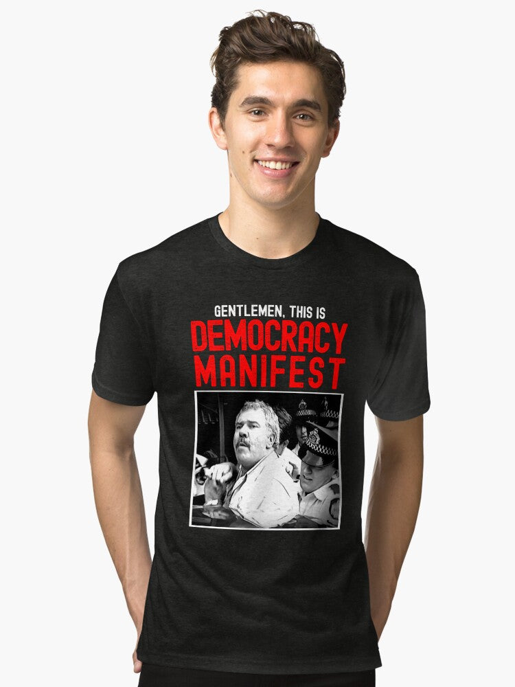 Funny Meme This Is Democracy Manifest - Succulent Chinese Meal Guy Arrested Tri-blend T-Shirt | Premium Unisex T-Shirt, Trending Graphic Tee