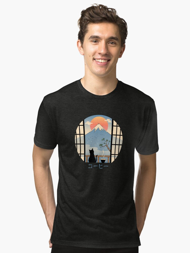 Coffee Cat in Mt Fuji Tri blend T Shirt T Shirt Streetwear Style Gift Ready