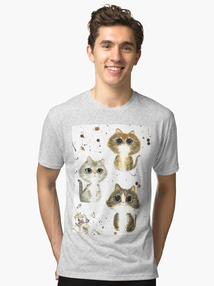 Three Brother Cats Watercolor Artwork Pattern 1 Tri blend T Shirt T Shirt Premium Print Gift Ready