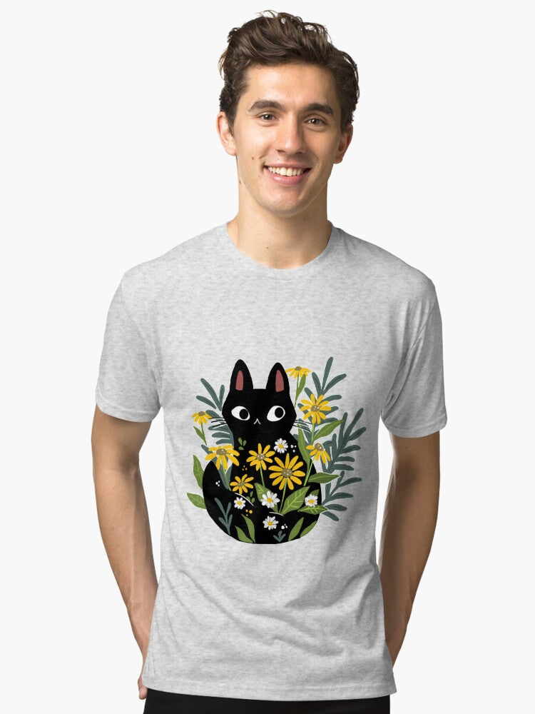 Black cat with flowers Tri blend T Shirt T Shirt Streetwear Style Hot Right Now