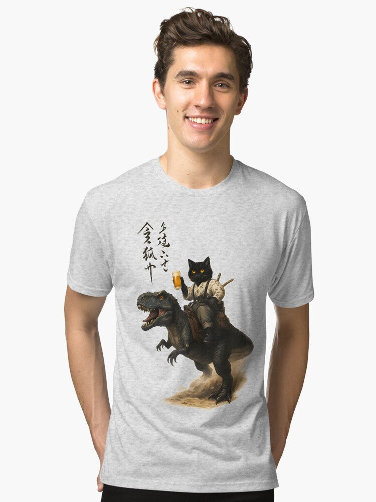 Samurai Cat Rides a Dino Cheers to Chaos Tri blend T Shirt T Shirt Streetwear Style Hot Right Now