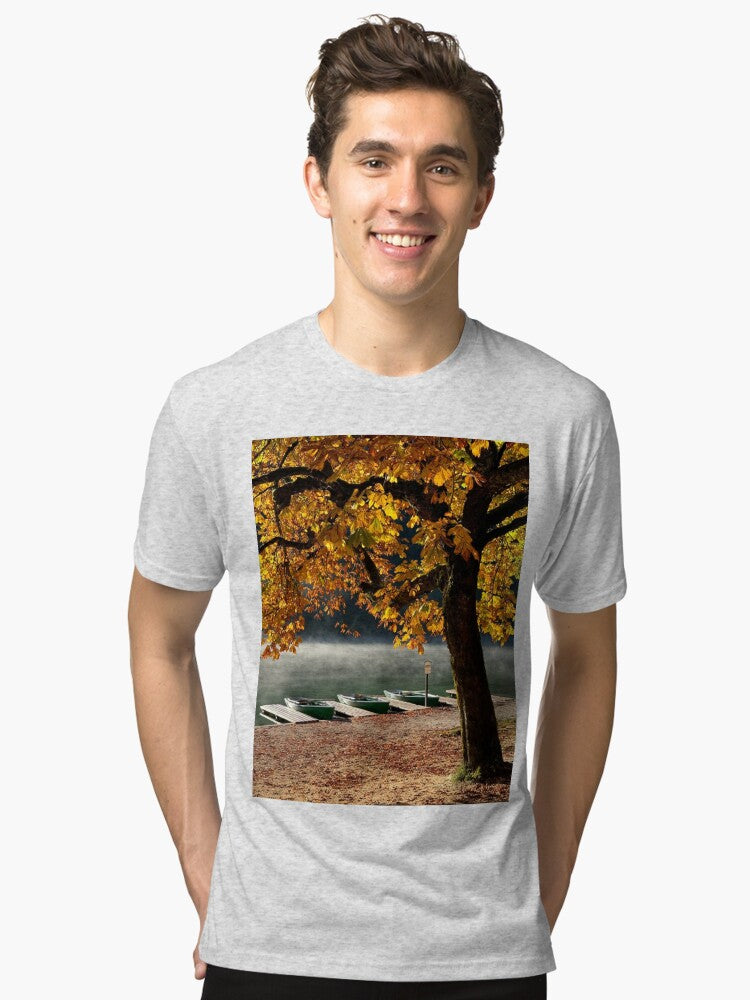 Autumn Lakeside with Rowboats Tri blend T Shirt T Shirt Viral TikTok Daily Wear