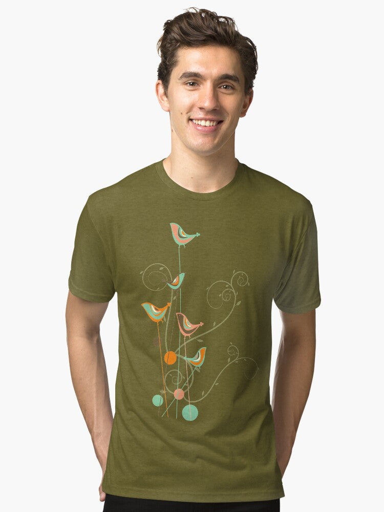 Colorful Summer Orange Chocolate and Mint Whimsical Birds with Swirls fatfatin Tri blend T Shirt T Shirt Comfort Fit Hot