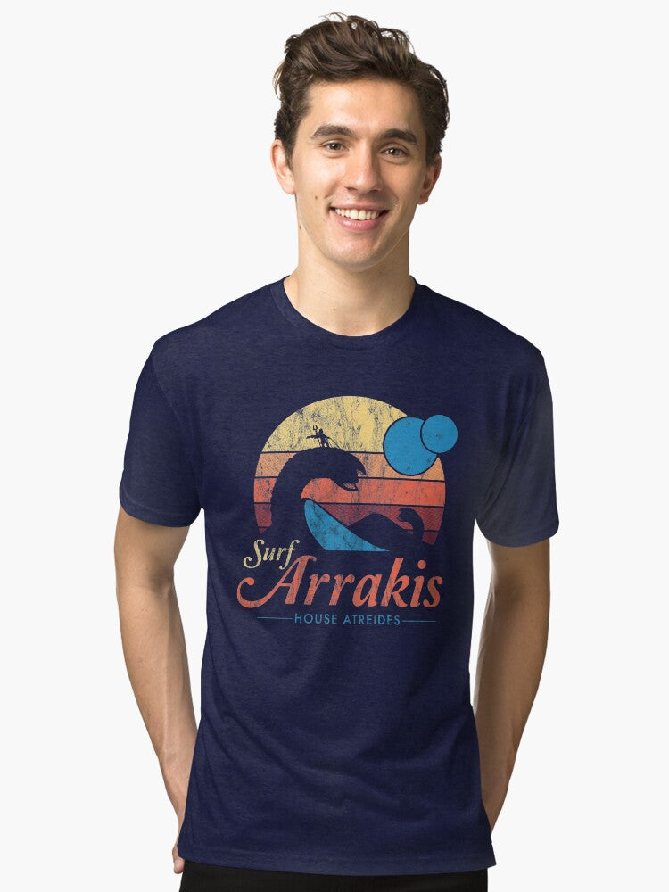 Visit Arrakis Vintage Distressed Surf Dune Sci Fi Tri blend T Shirt T Shirt Streetwear Style Gift Ready