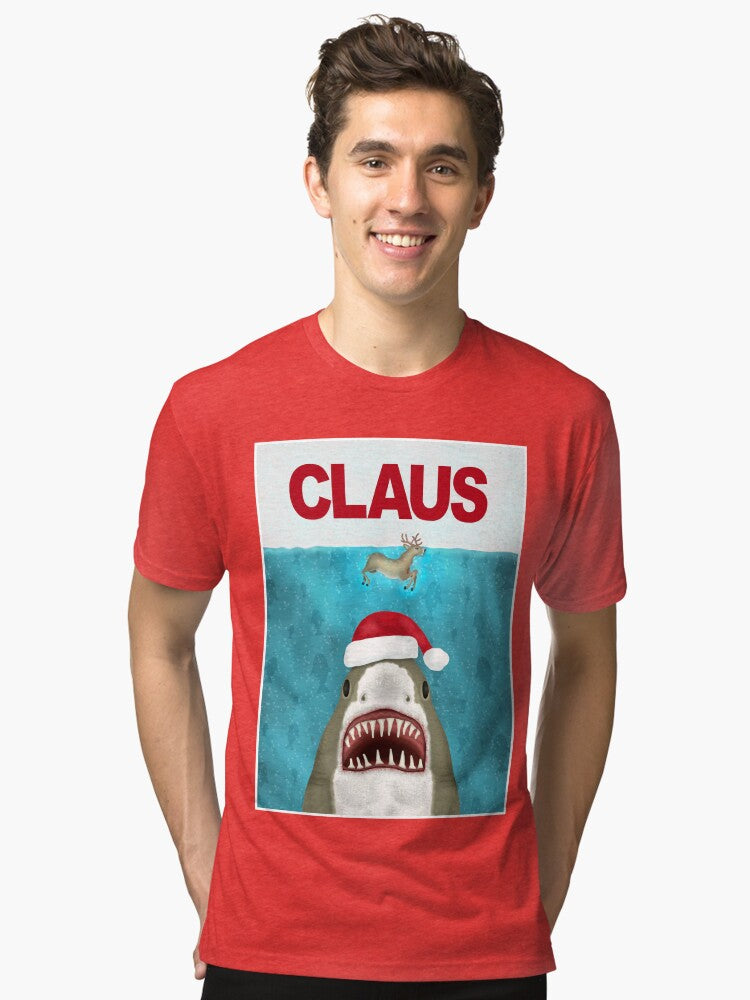 Funny Christmas Santa Claus Shark Reindeer Humor Tri blend T Shirt T Shirt Comfort Fit Gift Ready