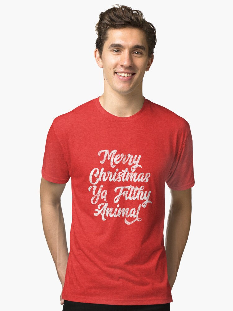 Vintage Distressed Merry Christmas Ya Filthy Animal Tri blend T Shirt T Shirt Streetwear Style Fan Favorite
