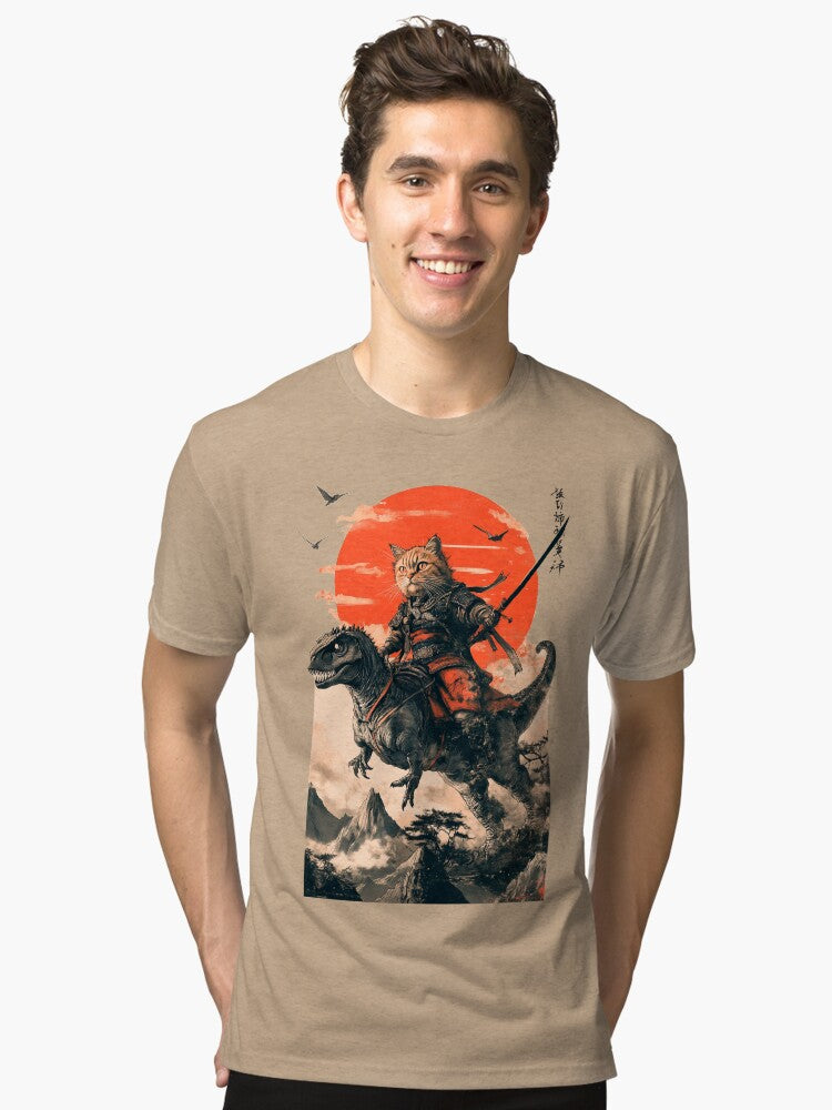 Samurai cat riding a dinosaur Tri blend T Shirt T Shirt Premium Print Fan Favorite