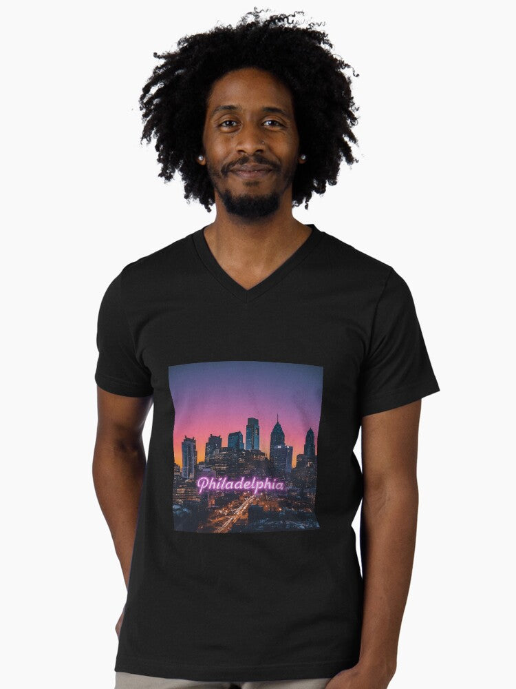 Digital Dusk in Philadelphia V-Neck T-Shirt | Premium Unisex T-Shirt, Trending Graphic Tee