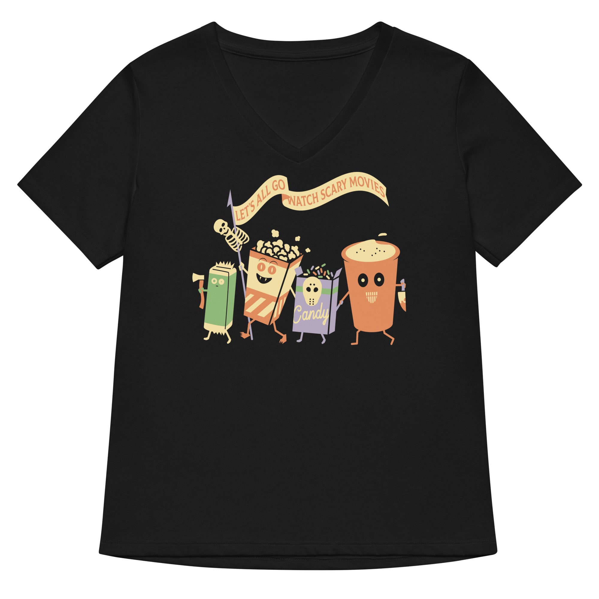 Let S All Go Watch Scary Movies Women V Neck Tee V Neck T Shirt Premium Print
