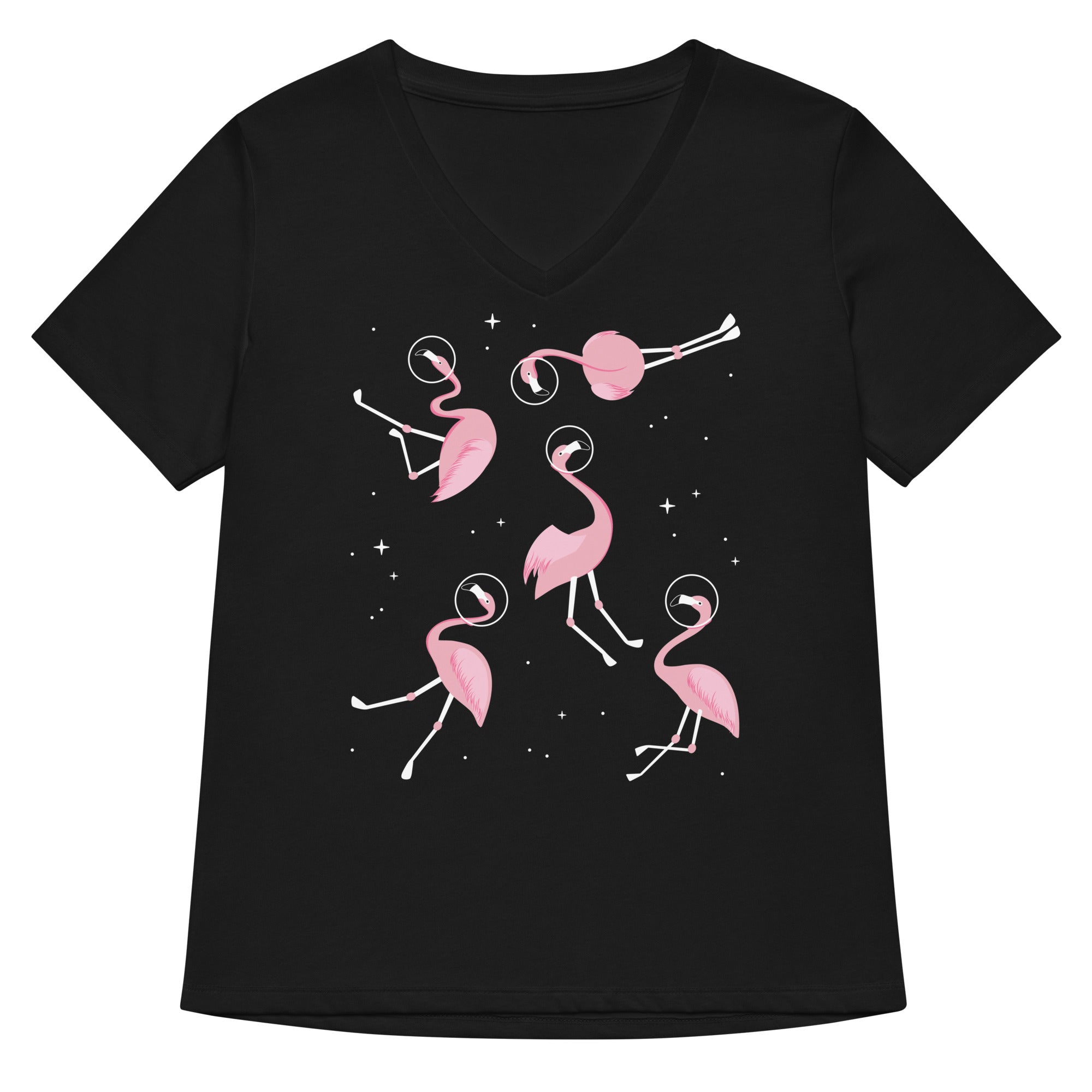 Flamingos In Space Women S V Neck Tee V Neck T Shirt Minimal Style