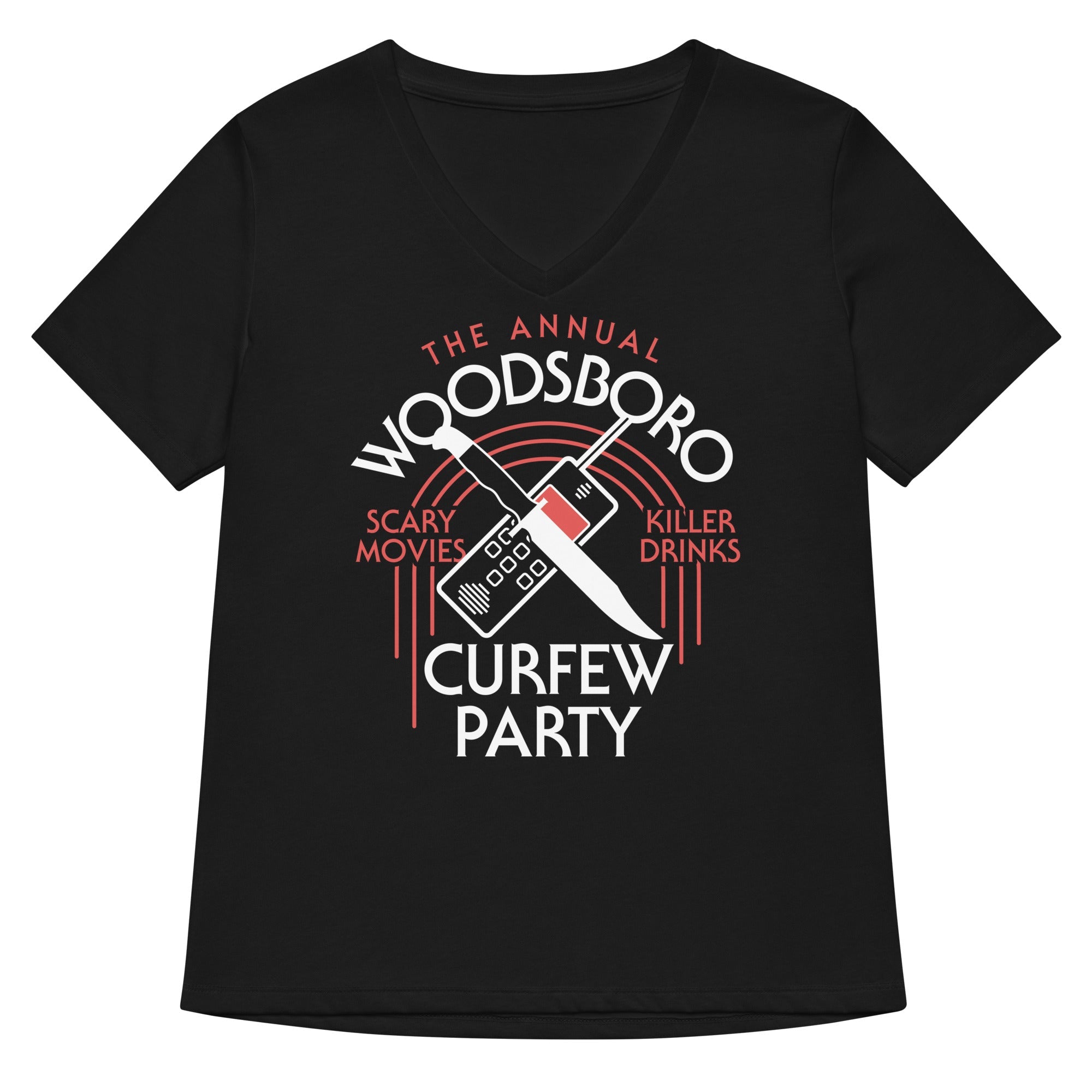 Woodsboro Curfew Party Women S V Neck Tee V Neck T Shirt Premium Print